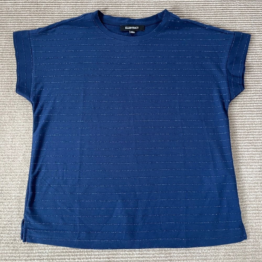 Ellen Tracy Womens Navy Blue Metallic Striped Short Sleeve Knit Top Size M